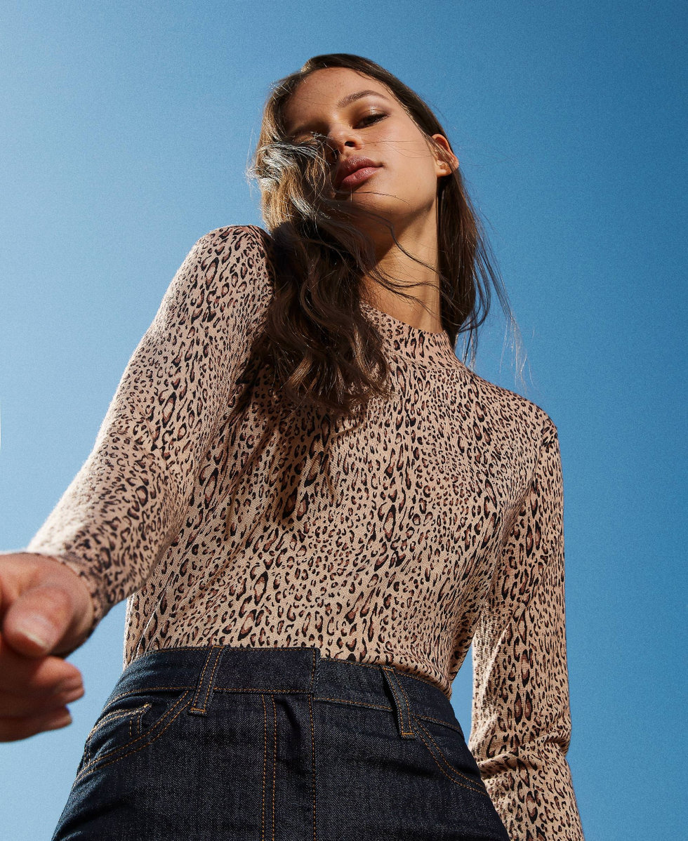 Turtleneck wool jumper with animal print Animal Print Black/ &ldquo;Iced Coffee&rdquo; Brown Woman 232TP3550_10833_01