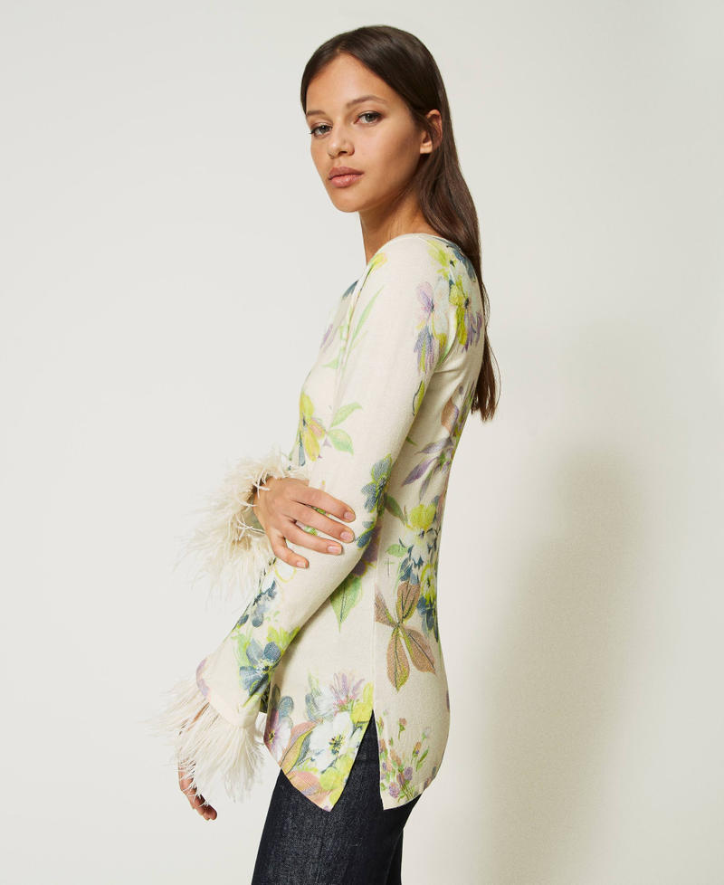 Jumper with floral print and feathers Ivory Floral / Pastel Print Woman 232TP3561-04