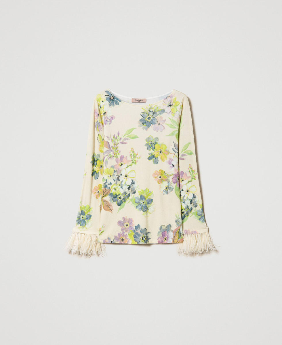 Pull avec imprim&eacute; floral et plumes