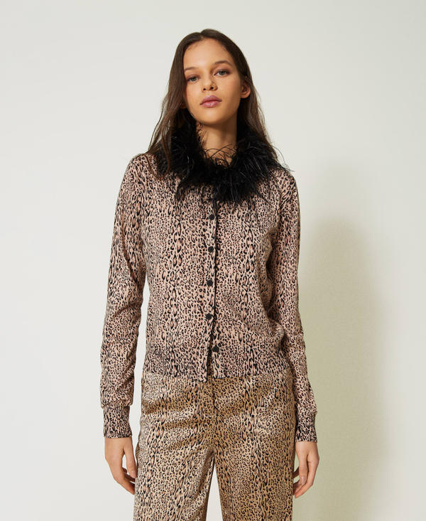 Animal print cardigan with feathers