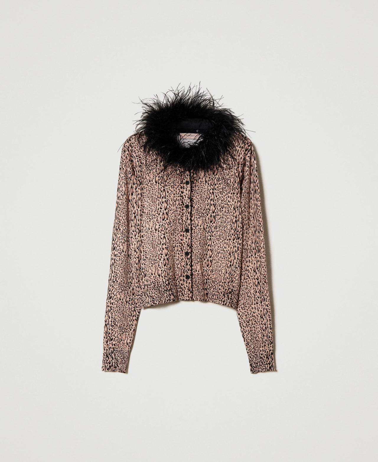 Animal print cardigan with feathers