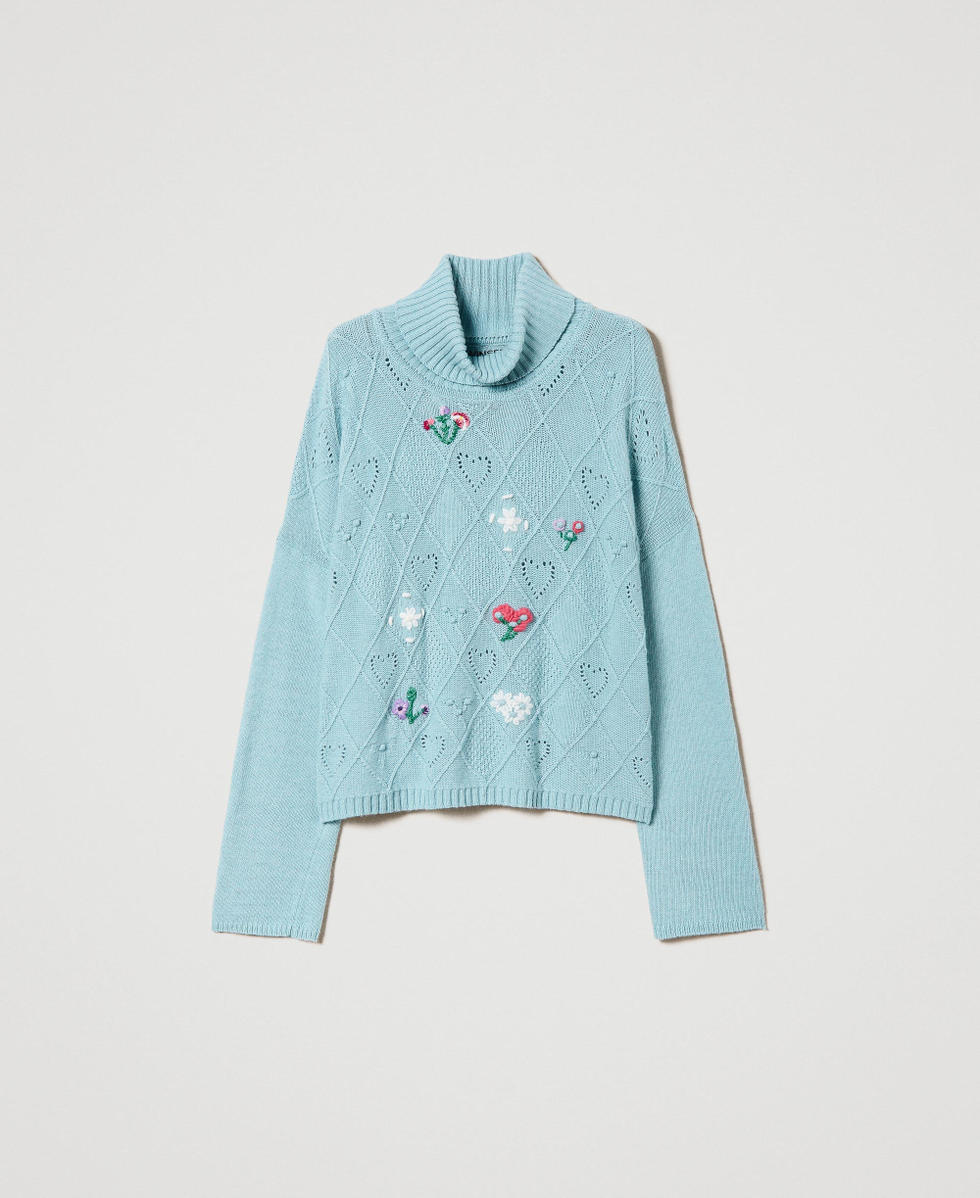Treeblend yarn jumper with handmade embroidery Acquamarine Woman 232TP3660_00107_S0