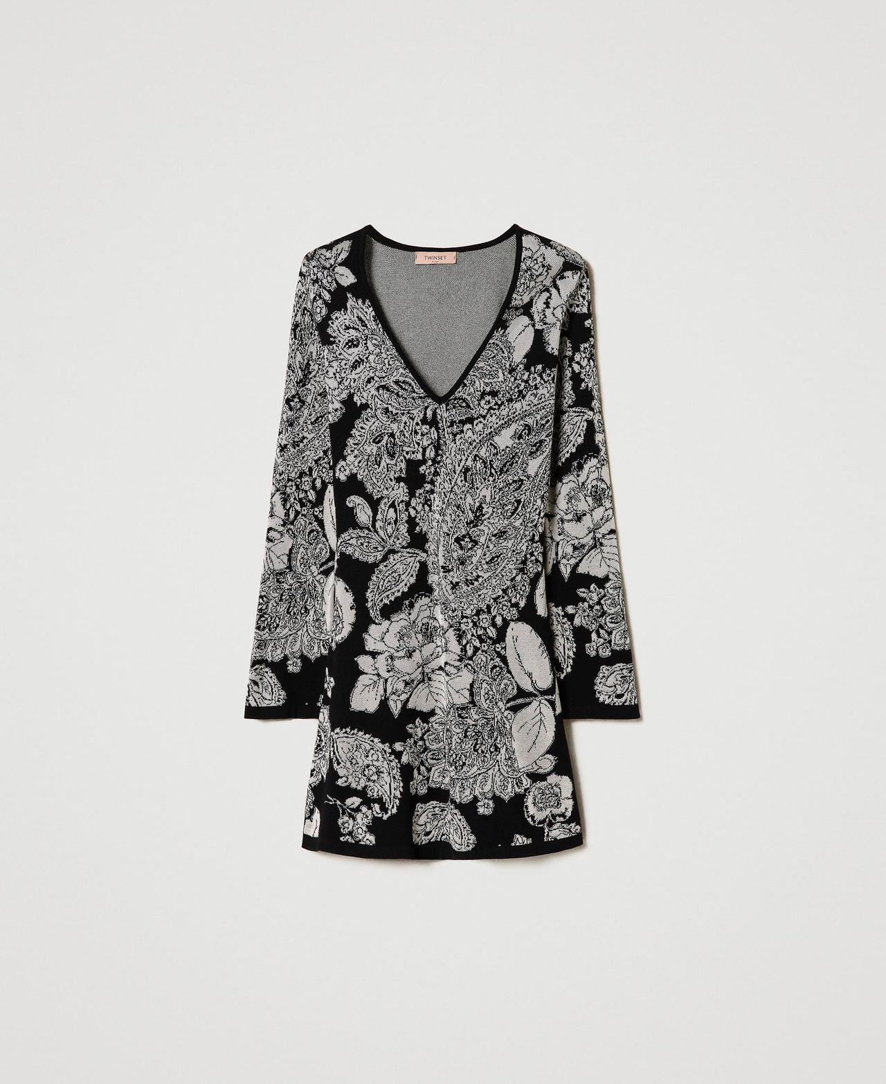 Robe courte en maille jacquard avec motif paisley et roses