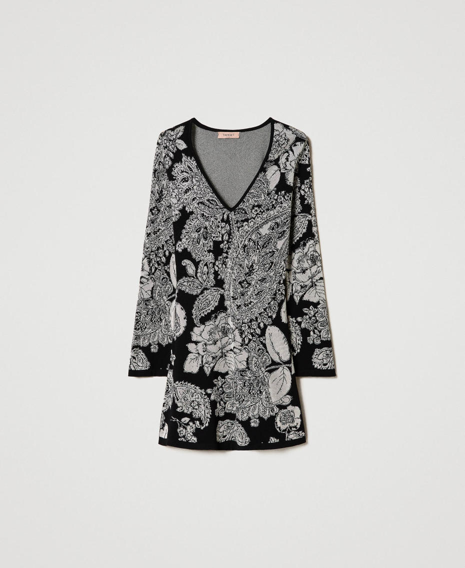 Short knit dress with paisley and rose pattern Black Jacquard Paisley and Rose Woman 232TP3690_11005_S0