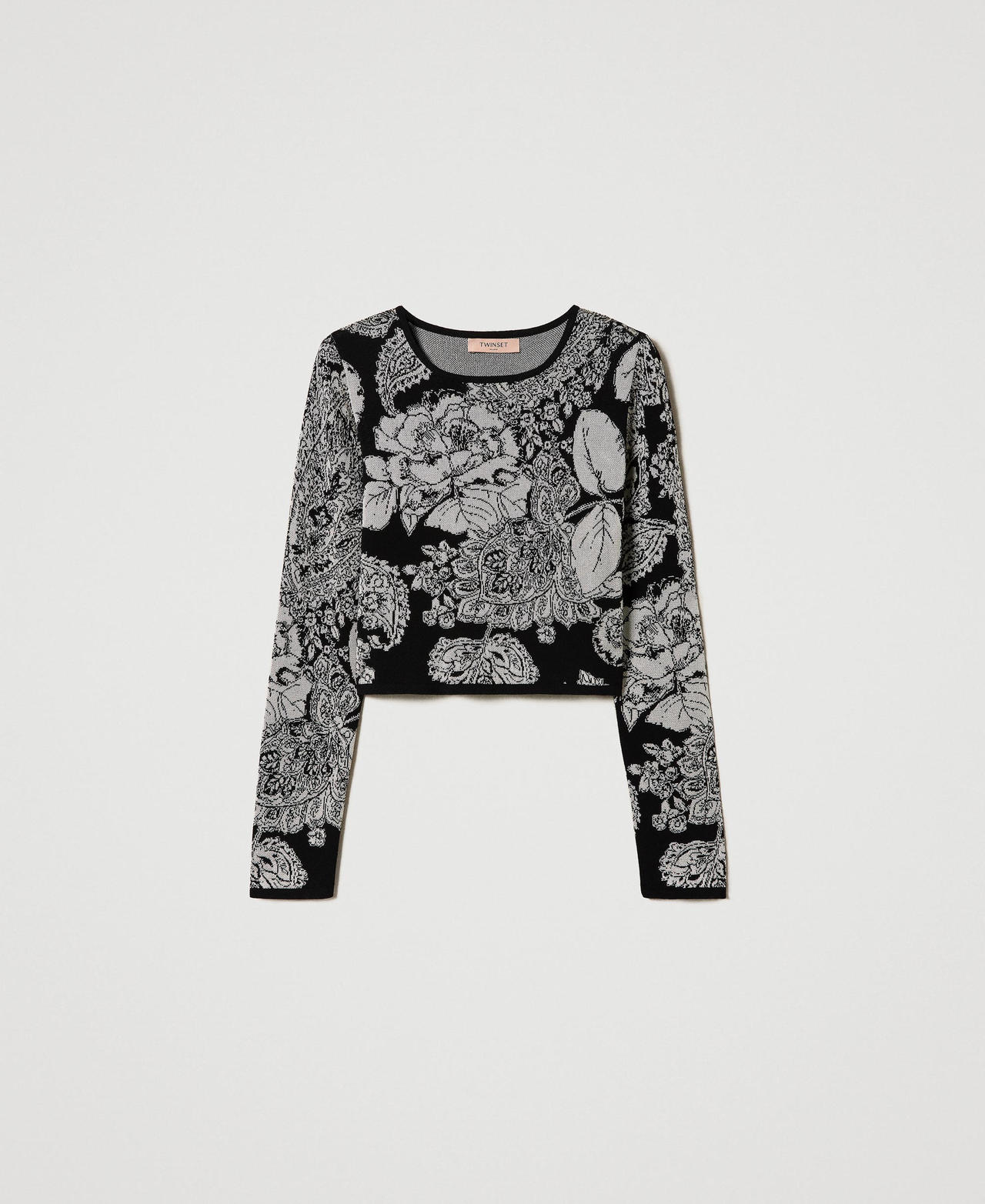 Jacquard jumper with paisley and rose pattern Black Jacquard Paisley and Rose Woman 232TP3691-0S