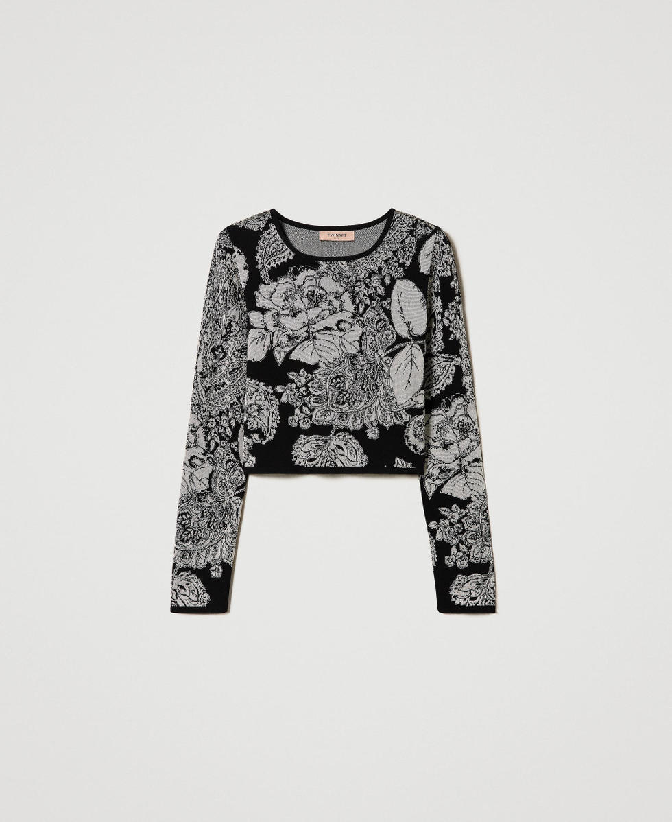 Jacquard jumper with paisley and rose pattern