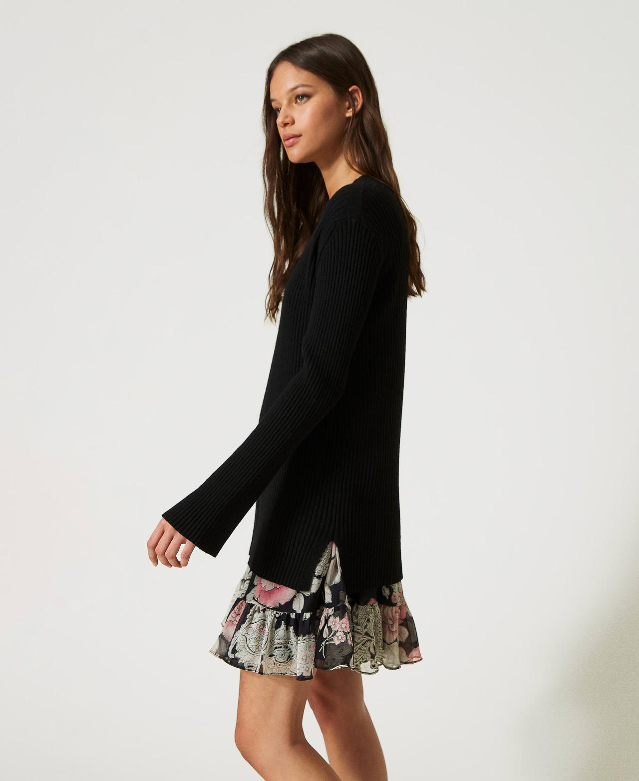 Alpaca and wool blend jumper with dress Black / Paisley and Rose Print Woman 232TP3700-02