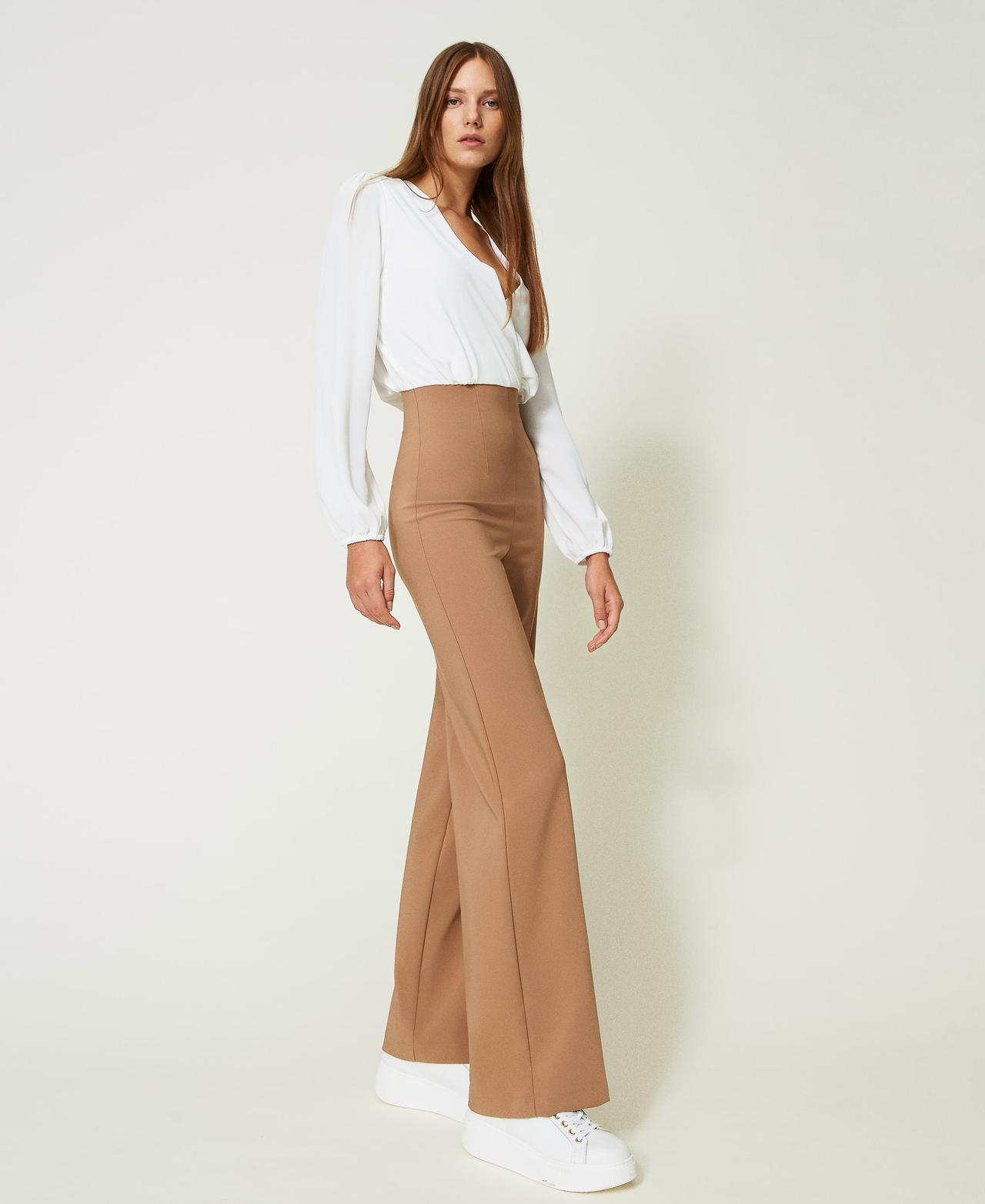 Cady and crêpe de Chine jumpsuit Two-tone Snow / “Dark Sand” Brown Woman 232TQ2032-02