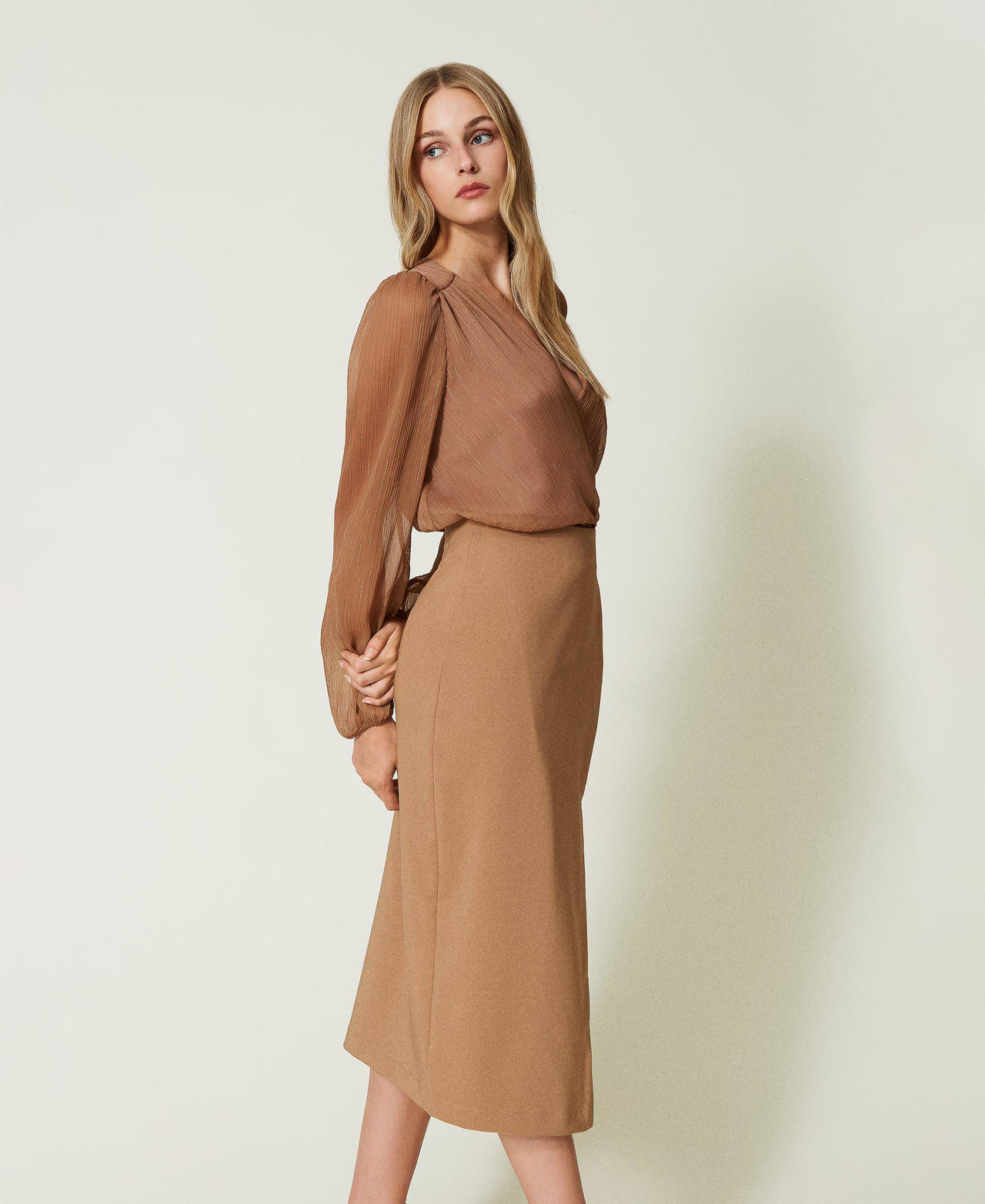 Technical fabric midi skirt “Dark Sand” Brown Woman 232TQ2035-02