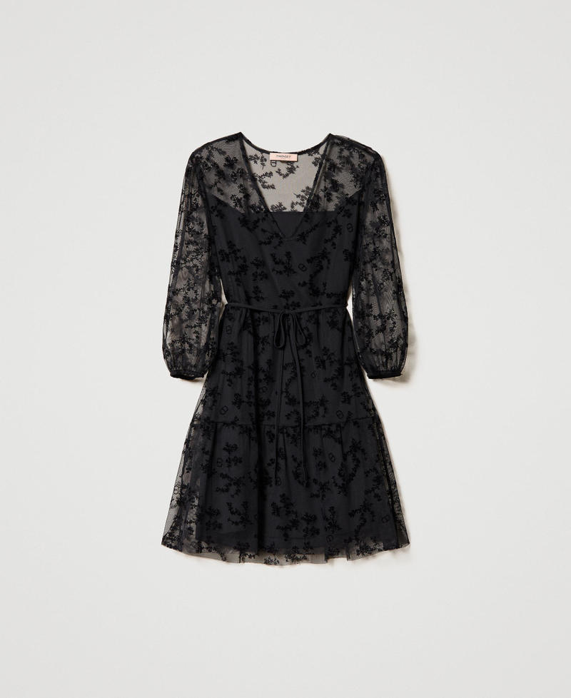 Короткое платье из флокового тюля Принт Цветок Флок Черный/Черный женщина 232TQ2050-0S