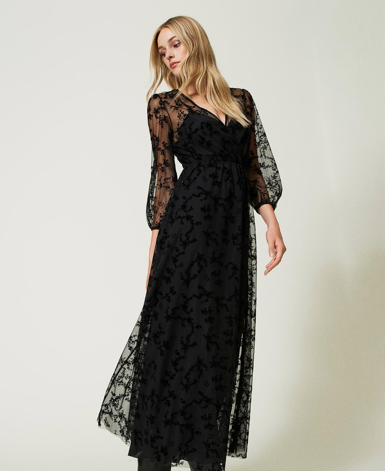 Long flocked tulle dress Black Flower Flock Print / Black Woman 232TQ2051-02
