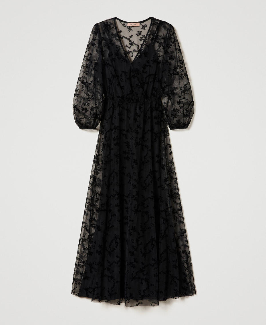 Long flocked tulle dress Black Flower Flock Print / Black Woman 232TQ2051-0S