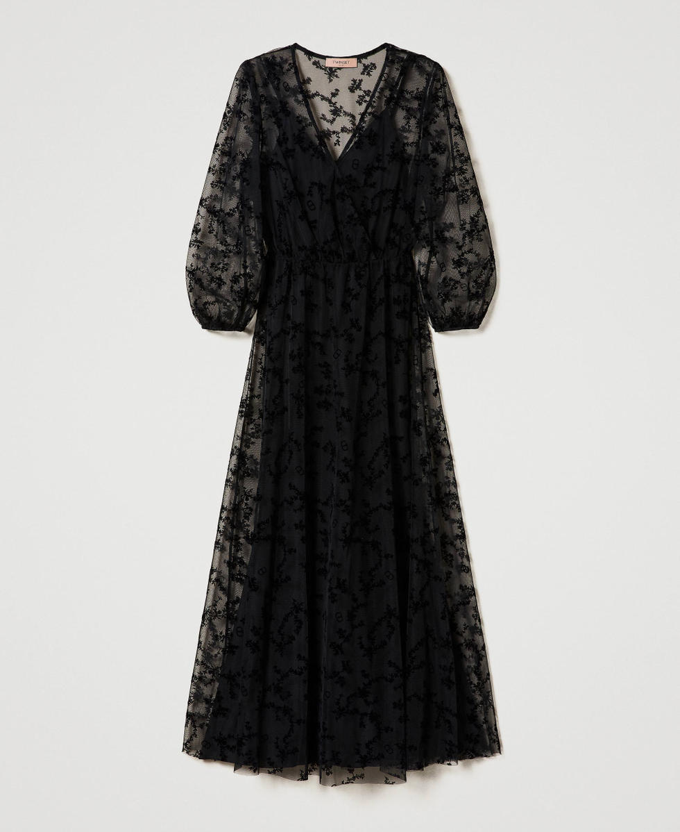 Long flocked tulle dress Woman, Black | TWINSET Milano
