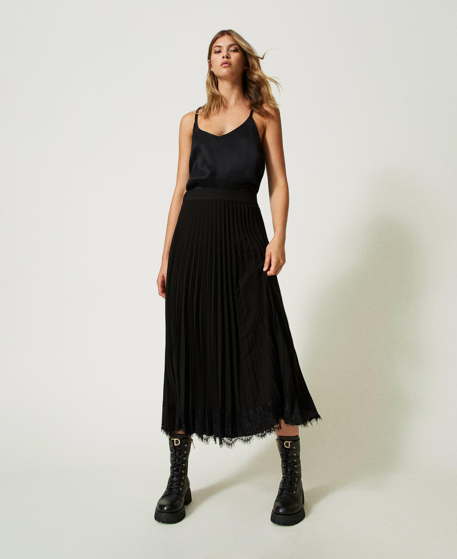 Длинная юбка из плиссированного кади с кружевом Черный женщина 232TQ2082-01