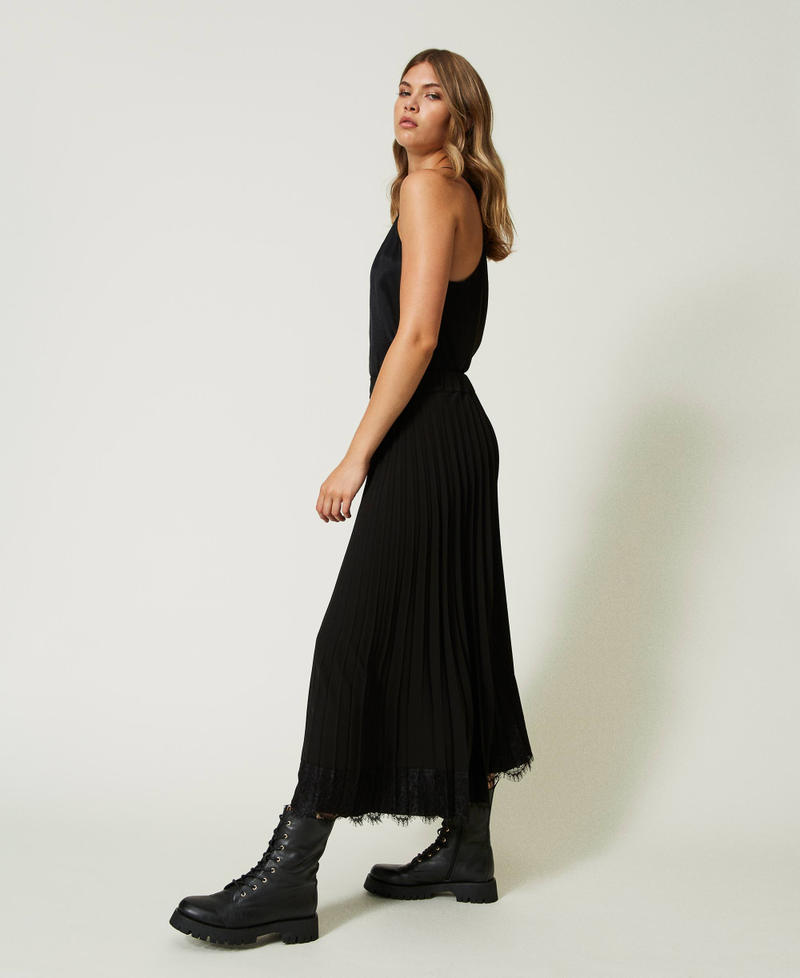 Длинная юбка из плиссированного кади с кружевом Черный женщина 232TQ2082-02