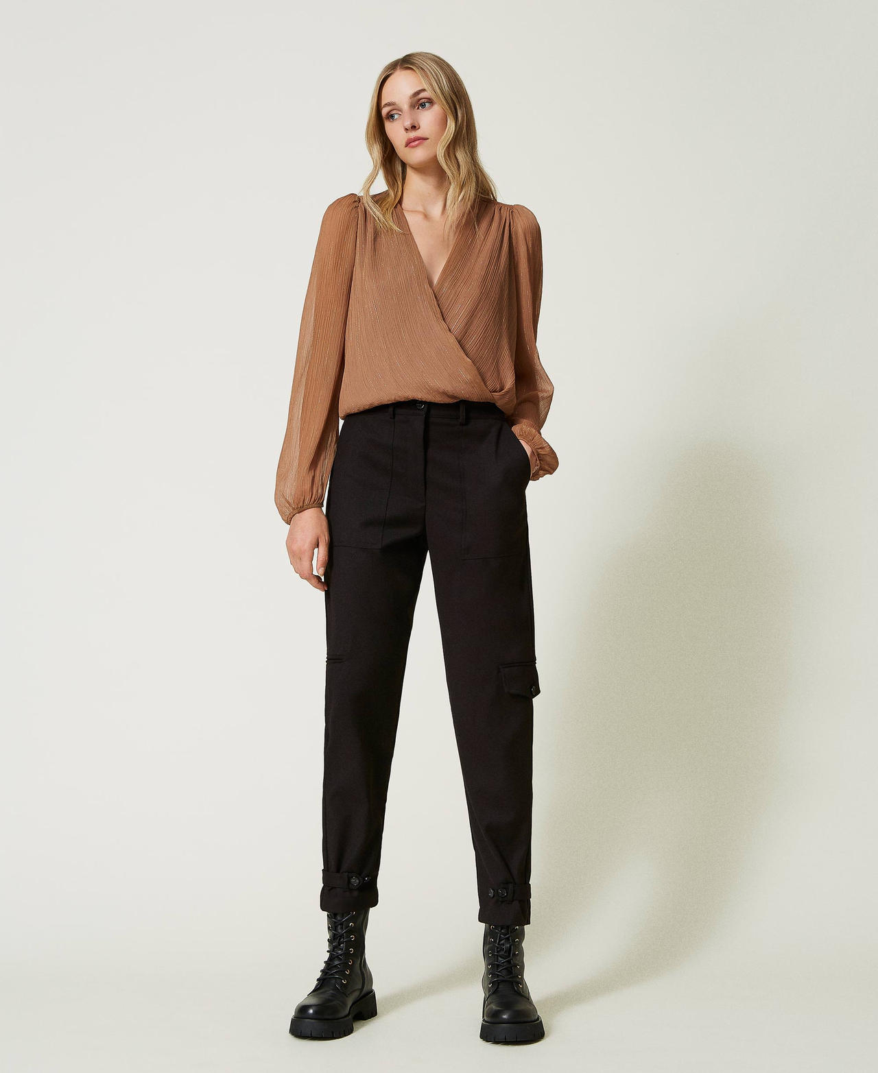 Cool wool cargo trousers with frog fasteners Woman Black TWINSET Milano