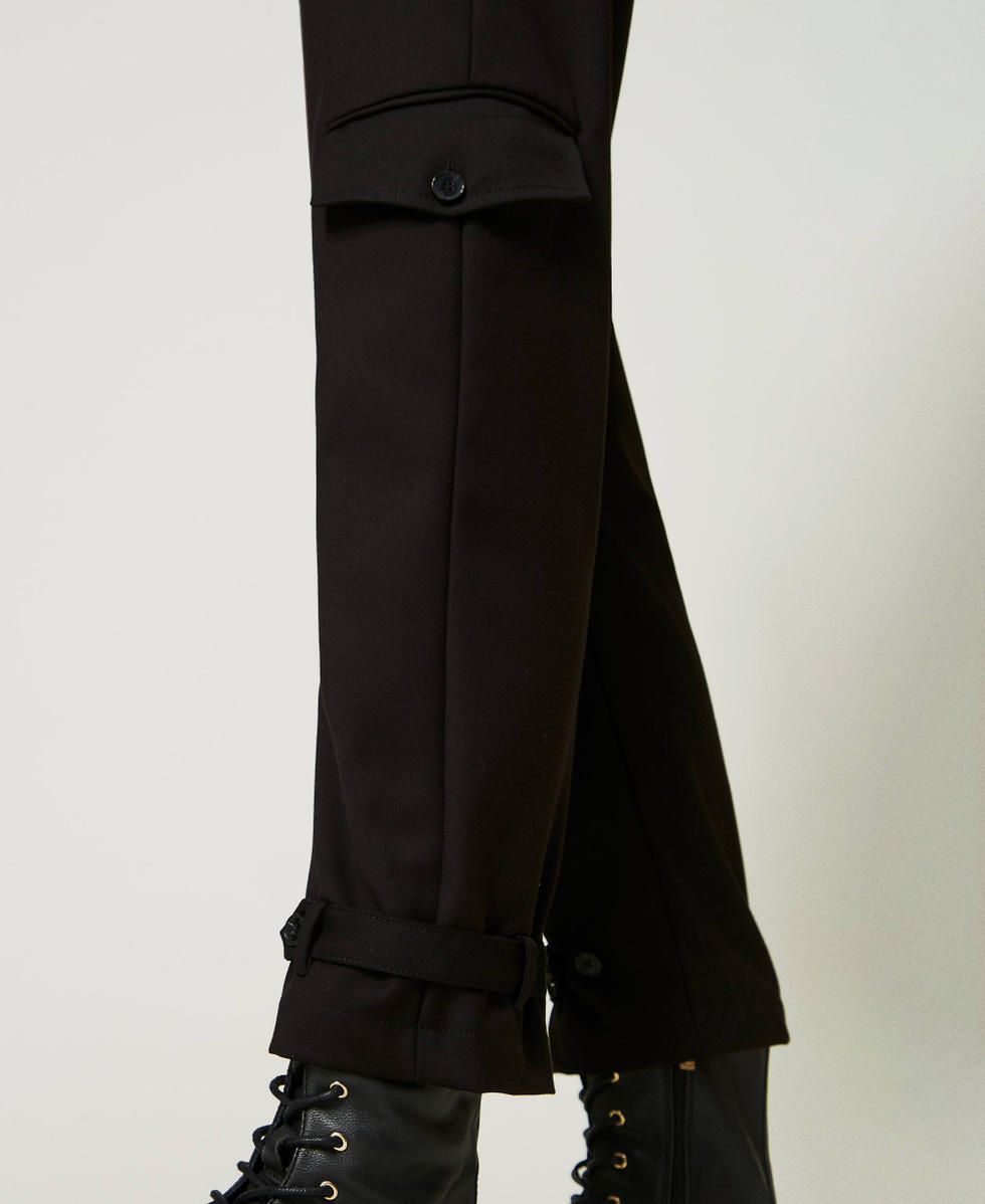 Cool wool cargo trousers with frog fasteners Woman, Black