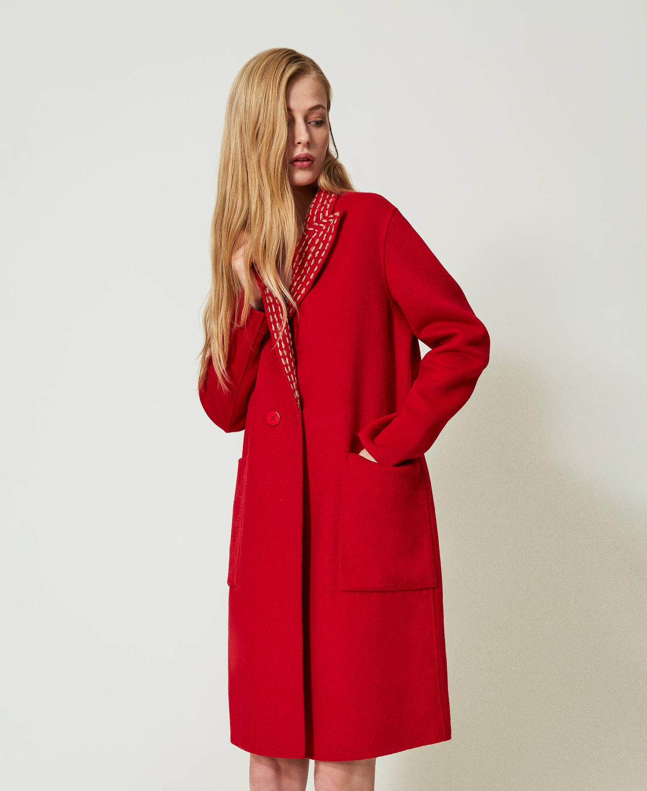 twinset giacche e capispalla - cappotto in panno double con ricami, rosso lava, lana, taglia: 40 donna