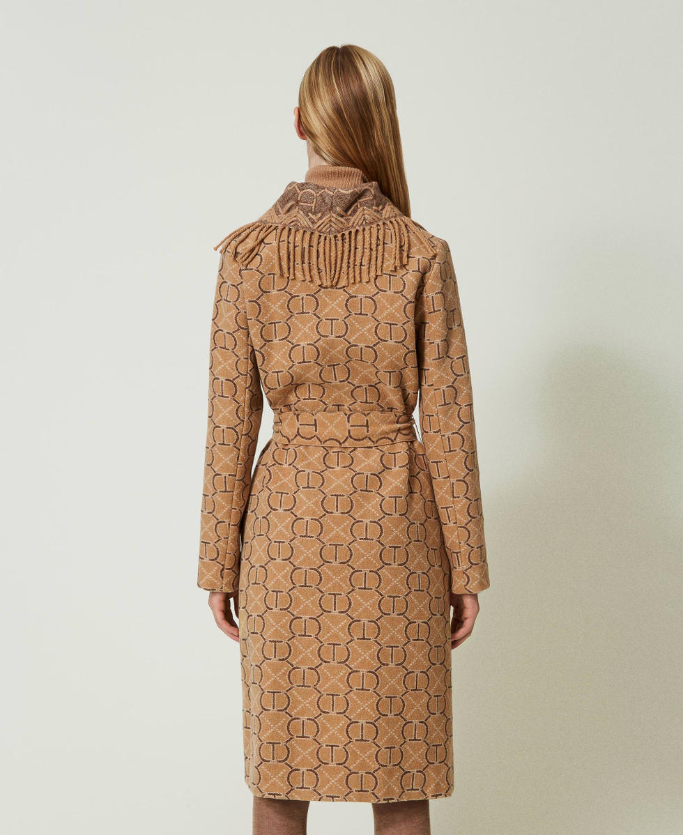 Jacquard coat with Oval T and embroidery Woman, Beige | TWINSET Milano