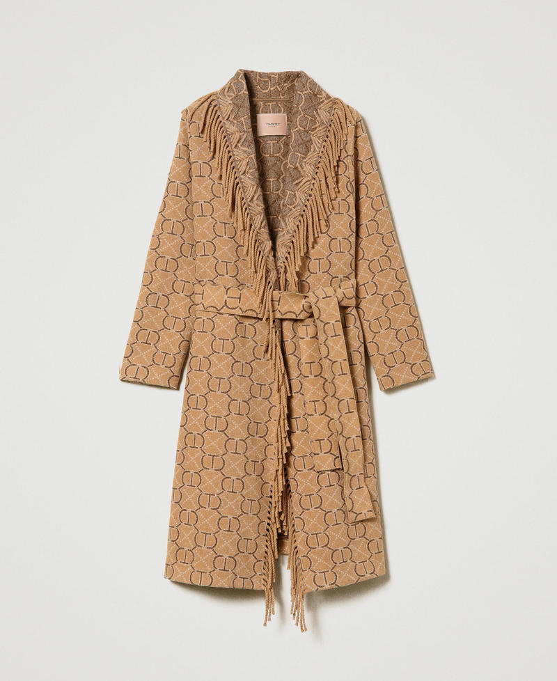 Jacquard coat with Oval T and embroidery Oval T / "Light Wood" Beige Jacquard Mix Woman 232TQ2132-0S
