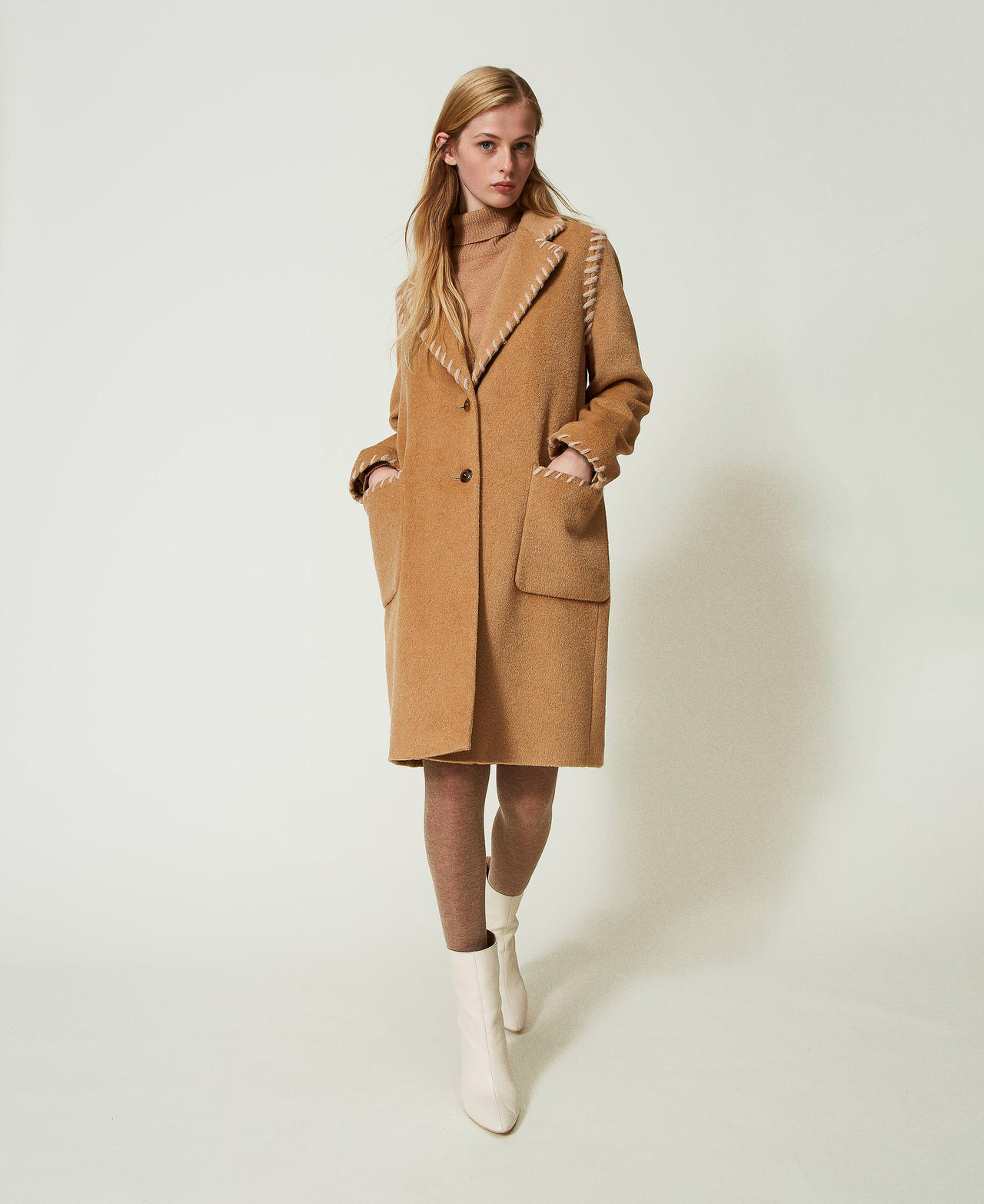 Single breasted brushed wool blend coat with embroidery details Woman Beige TWINSET Milano