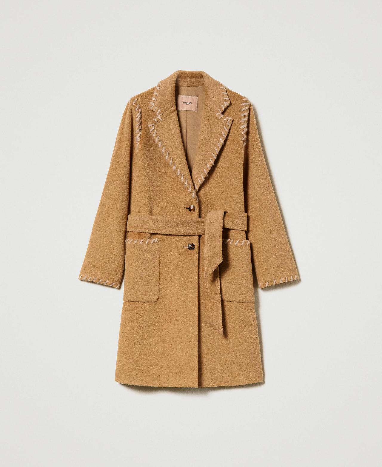 Manteau droit en laine mélangée cardée avec broderies Beige « Light Wood » Femme 232TQ2133-0S