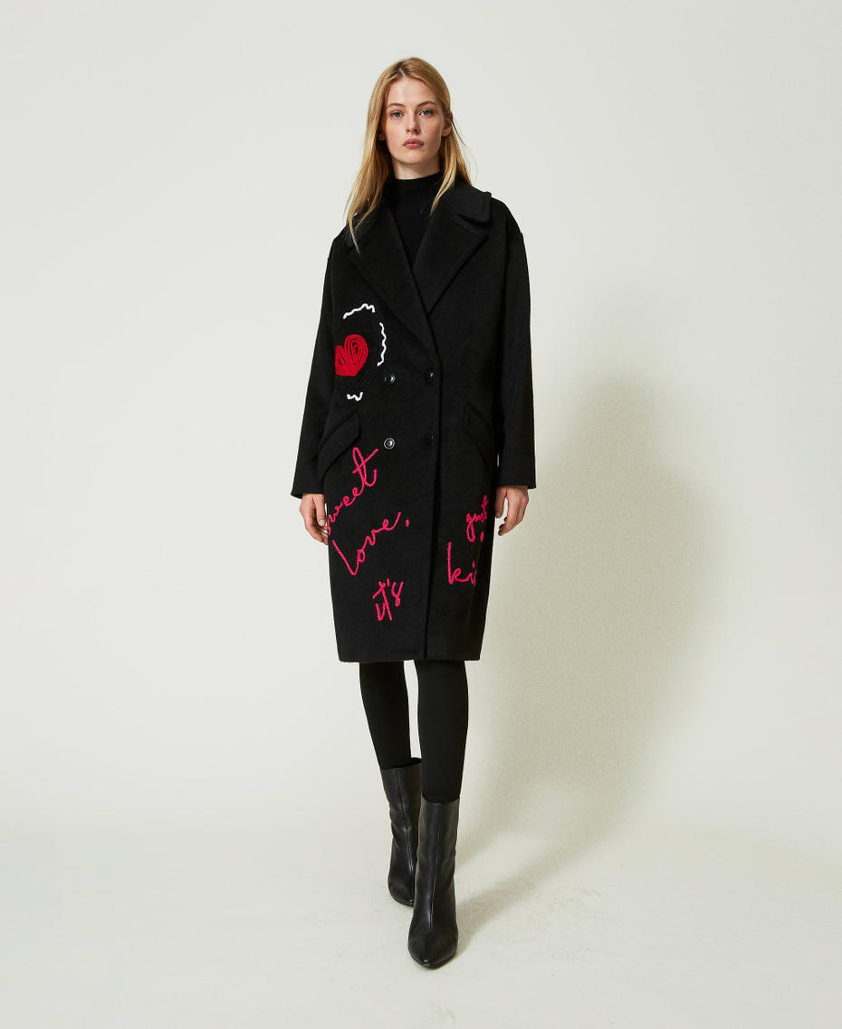 Однобортное пальто из кардной смесовой шерсти с вышивкой Черный женщина 232TQ2134-01
