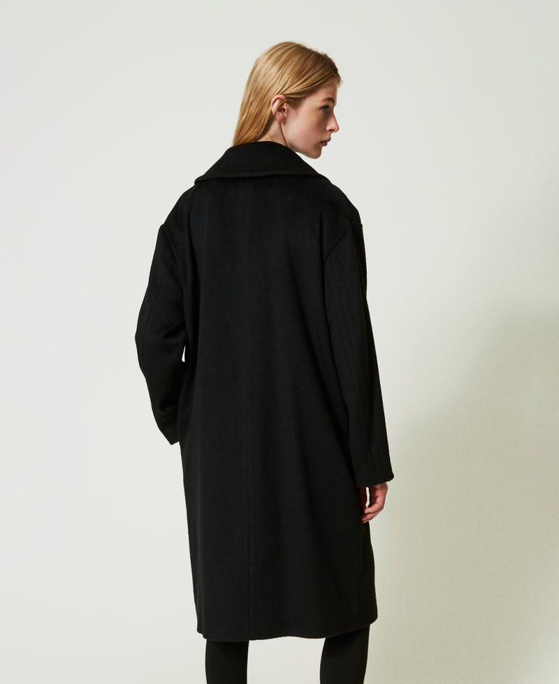 Zweireihiger Mantel aus gerautem Wollmischgewebe mit Stickereien Schwarz Frau 232TQ2134_00006_03