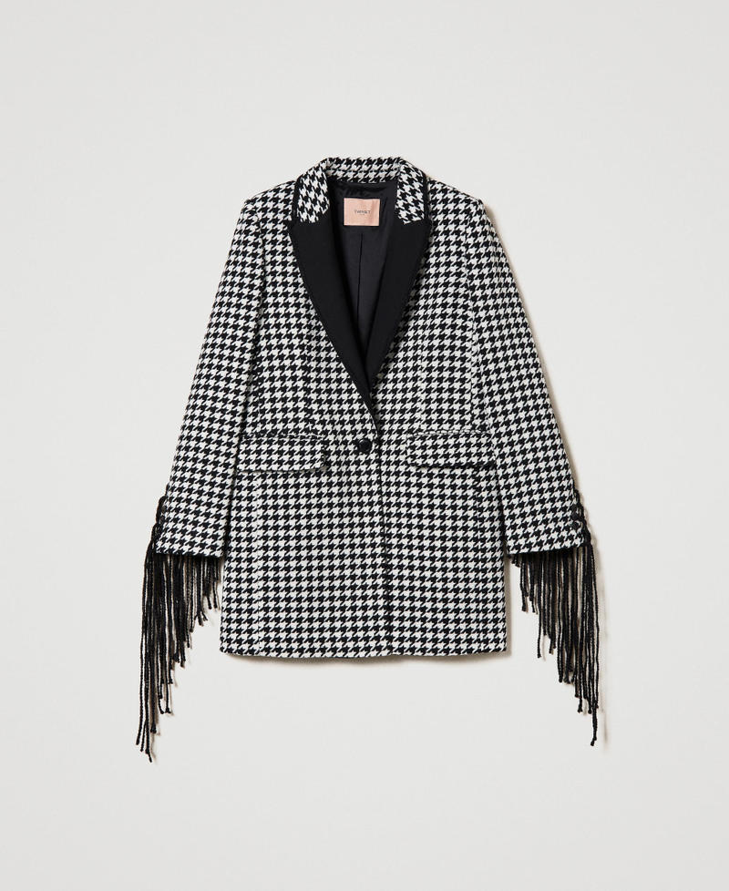 Houndstooth coat with fringes Snow / Black Houndstooth Pattern Woman 232TQ2136-0S