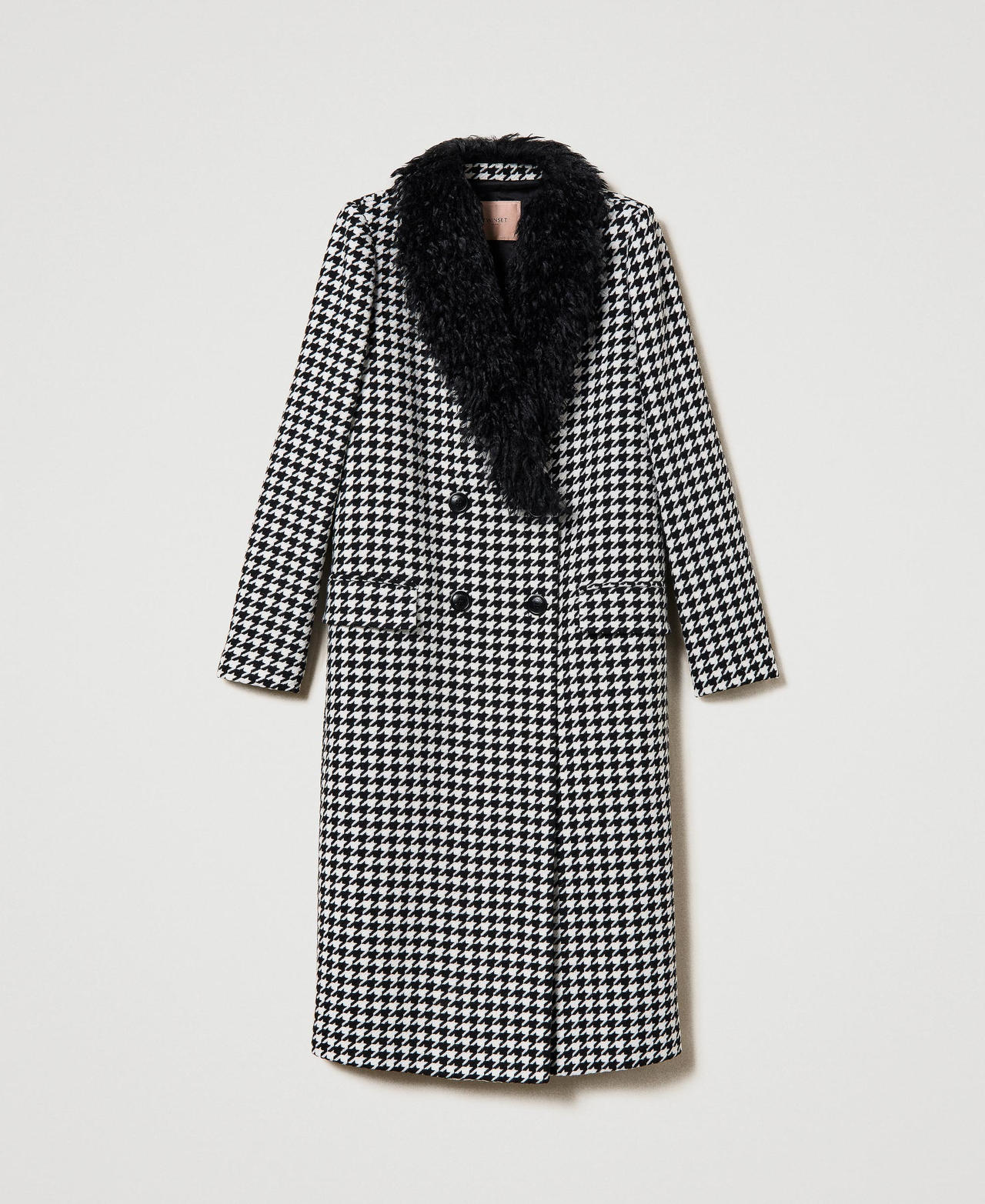 Houndstooth long coat with fringes Snow / Black Houndstooth Pattern Woman 232TQ2137-0S
