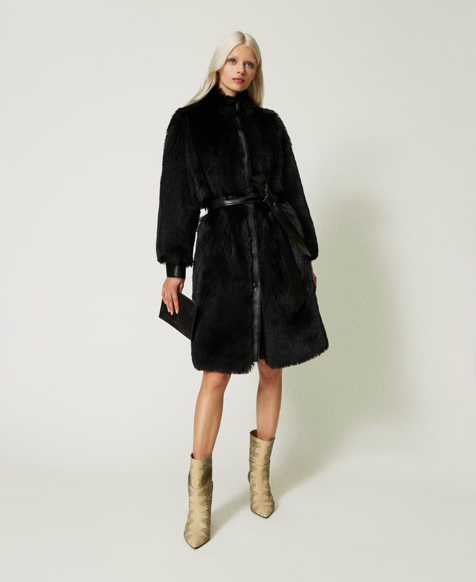 Faux fur coat with belt