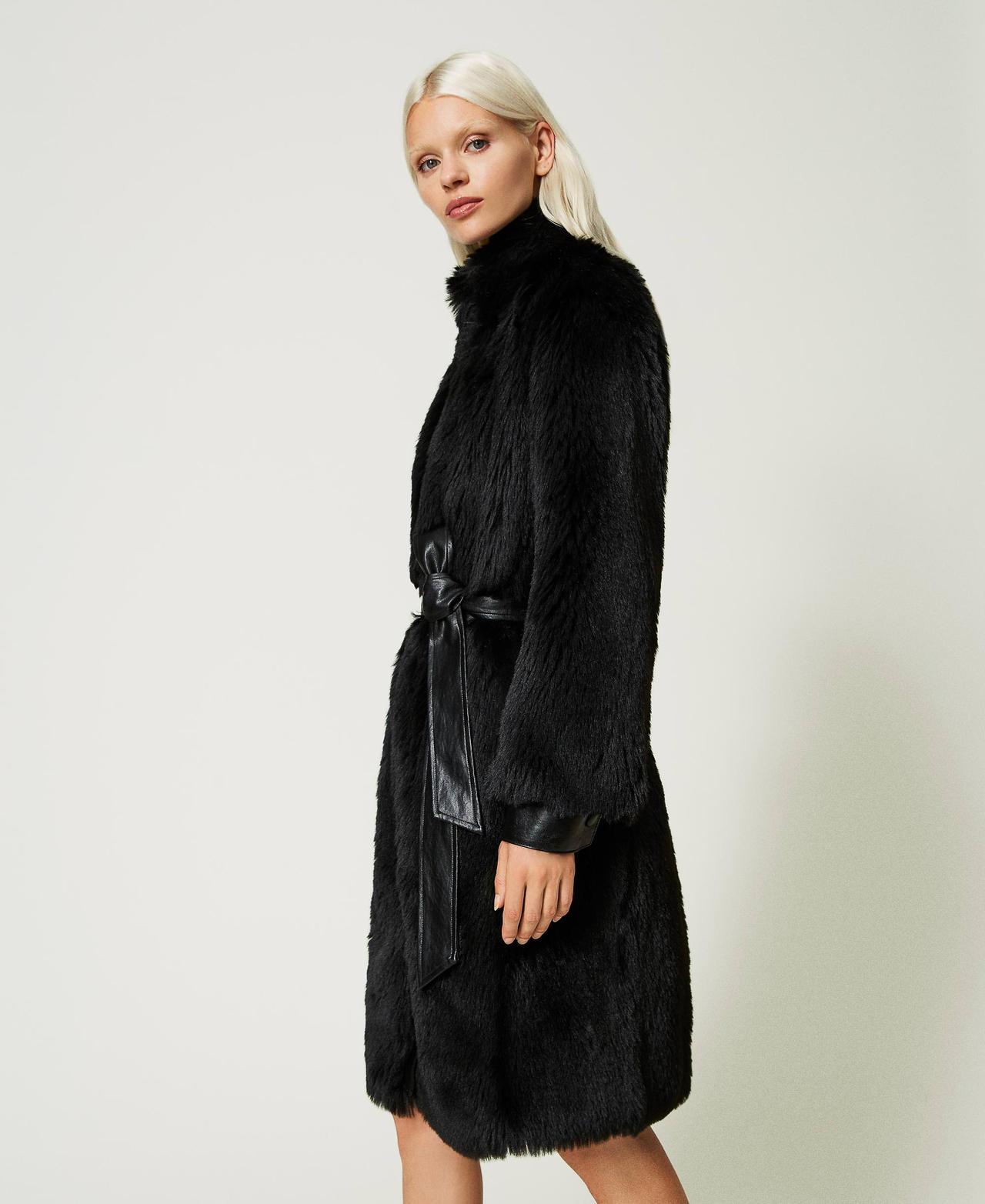 Faux fur coat with belt Woman Black TWINSET Milano
