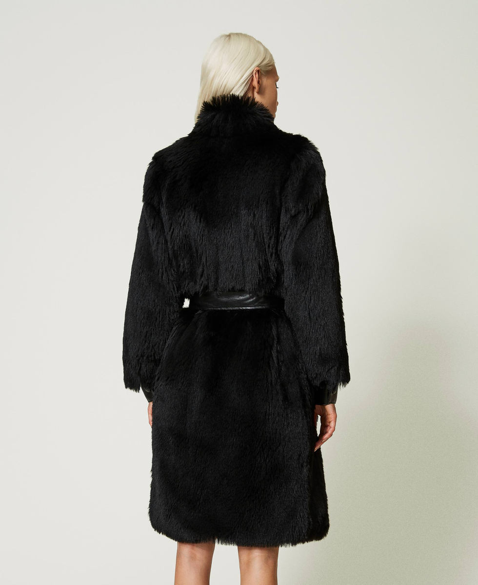 Faux fur coat with belt Woman Black TWINSET Milano
