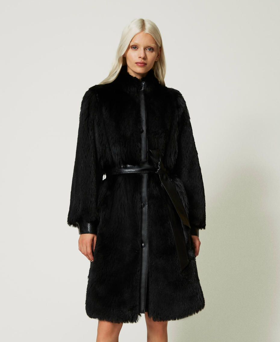 Faux fur coat with belt
