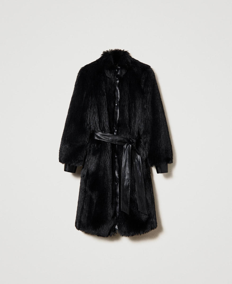 Faux fur coat with belt Woman Black TWINSET Milano