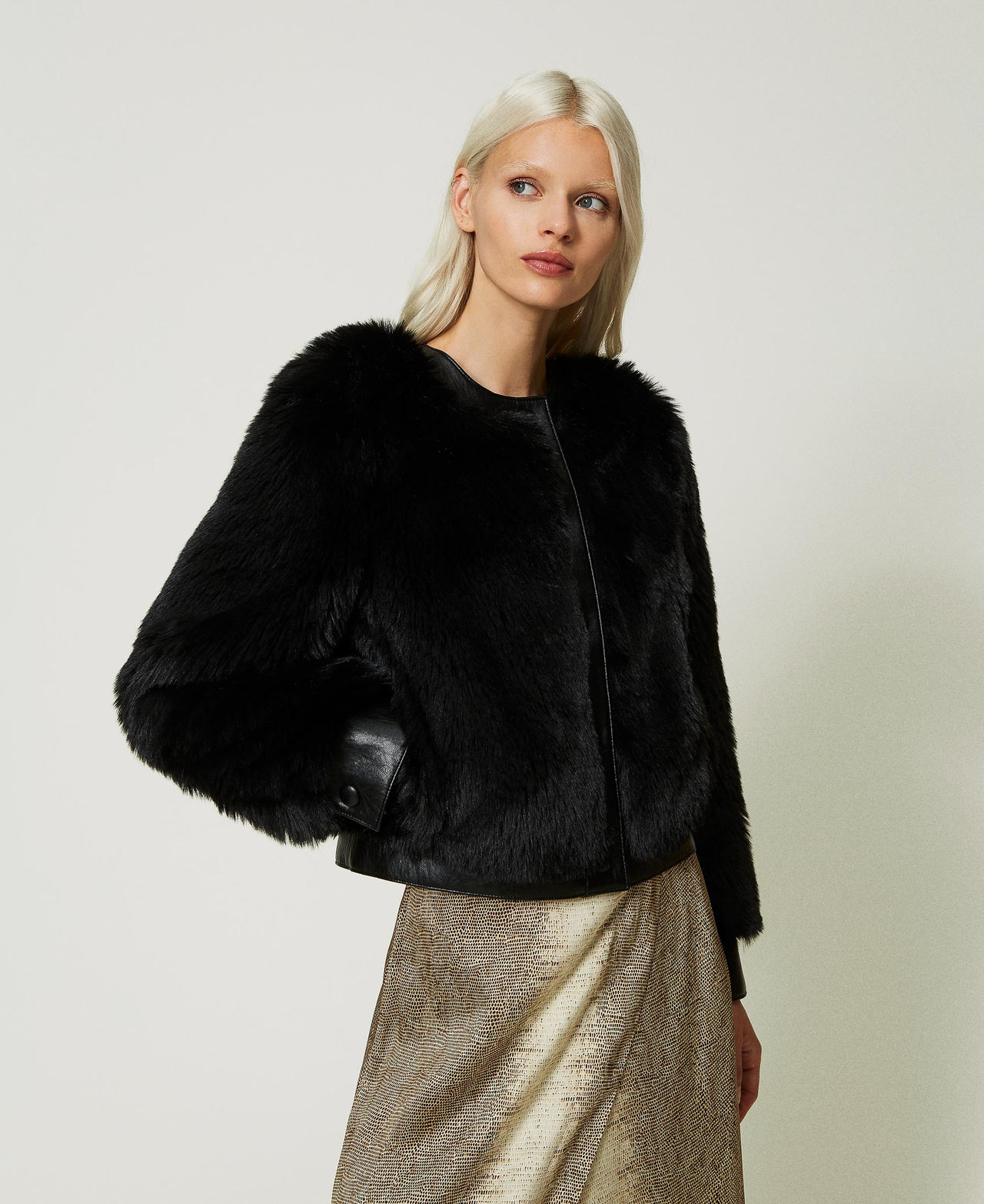 Cropped faux fur jacket Woman Black TWINSET Milano