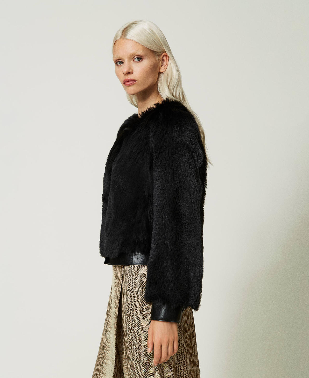 Cropped faux fur jacket Woman Black TWINSET Milano