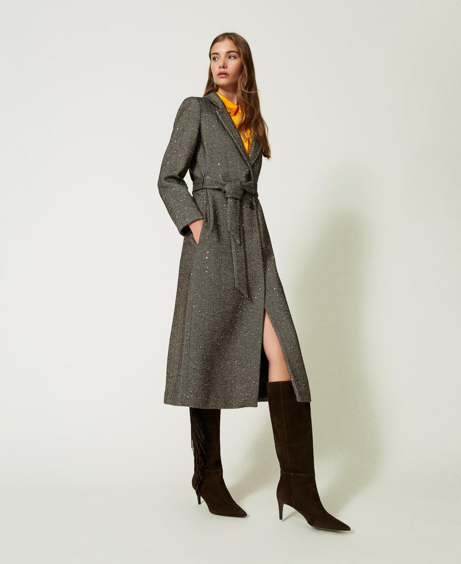 Wool blend coat with sequins Snow / Brown Chevron Woman 232TT2032-01