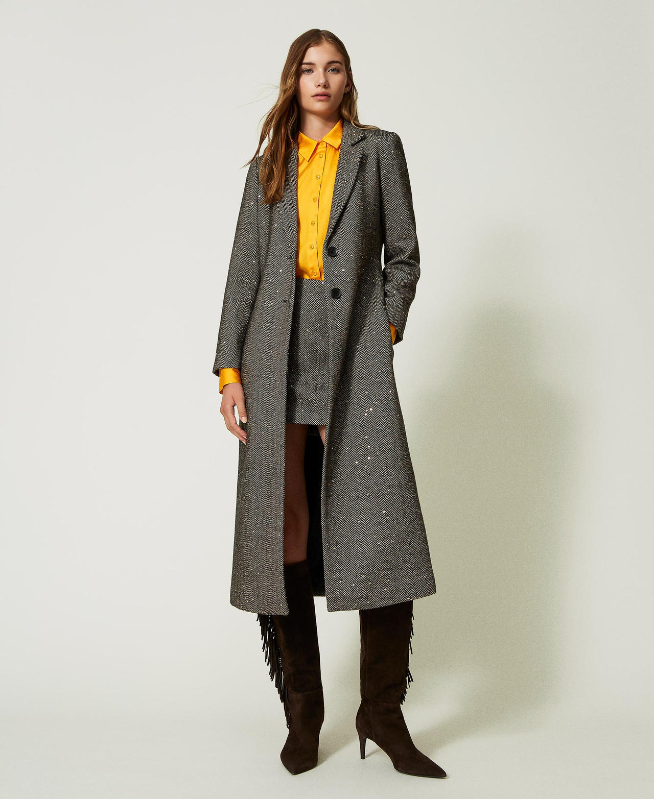 Wool blend coat with sequins Snow / Brown Chevron Woman 232TT2032-02