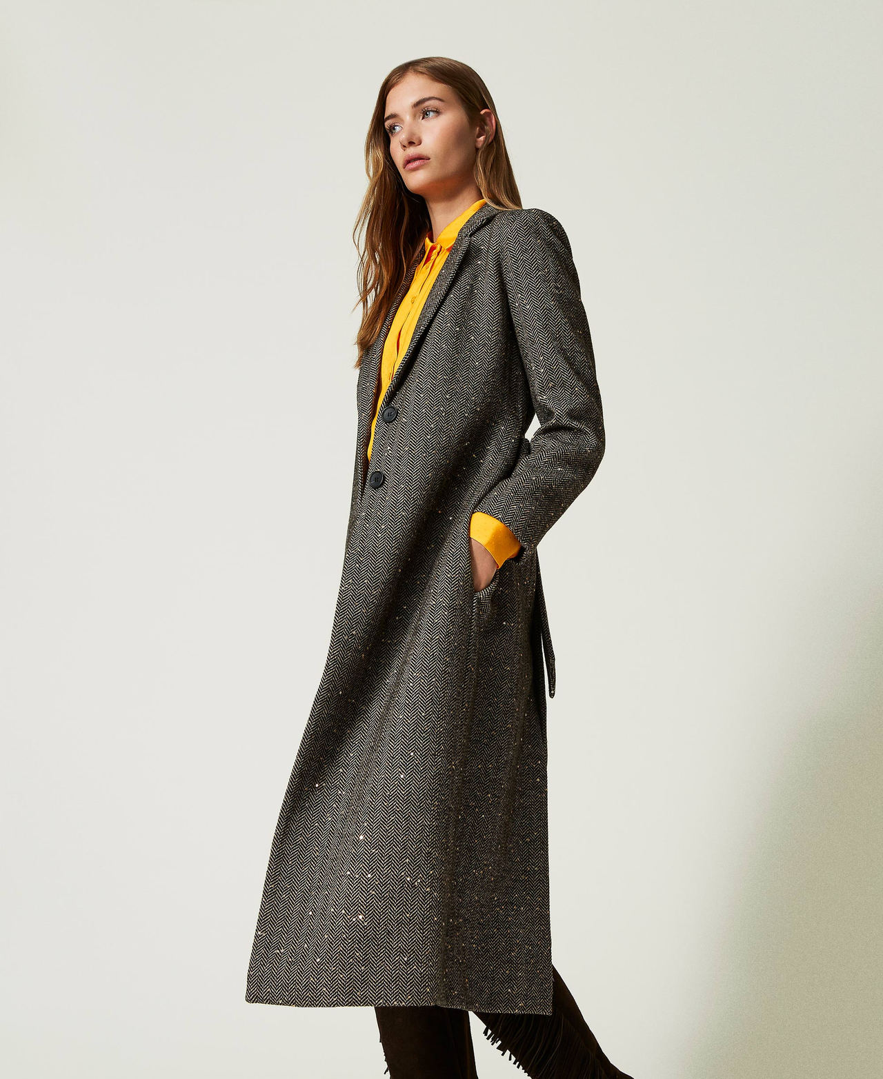 Wool blend coat with sequins Snow / Brown Chevron Woman 232TT2032-03