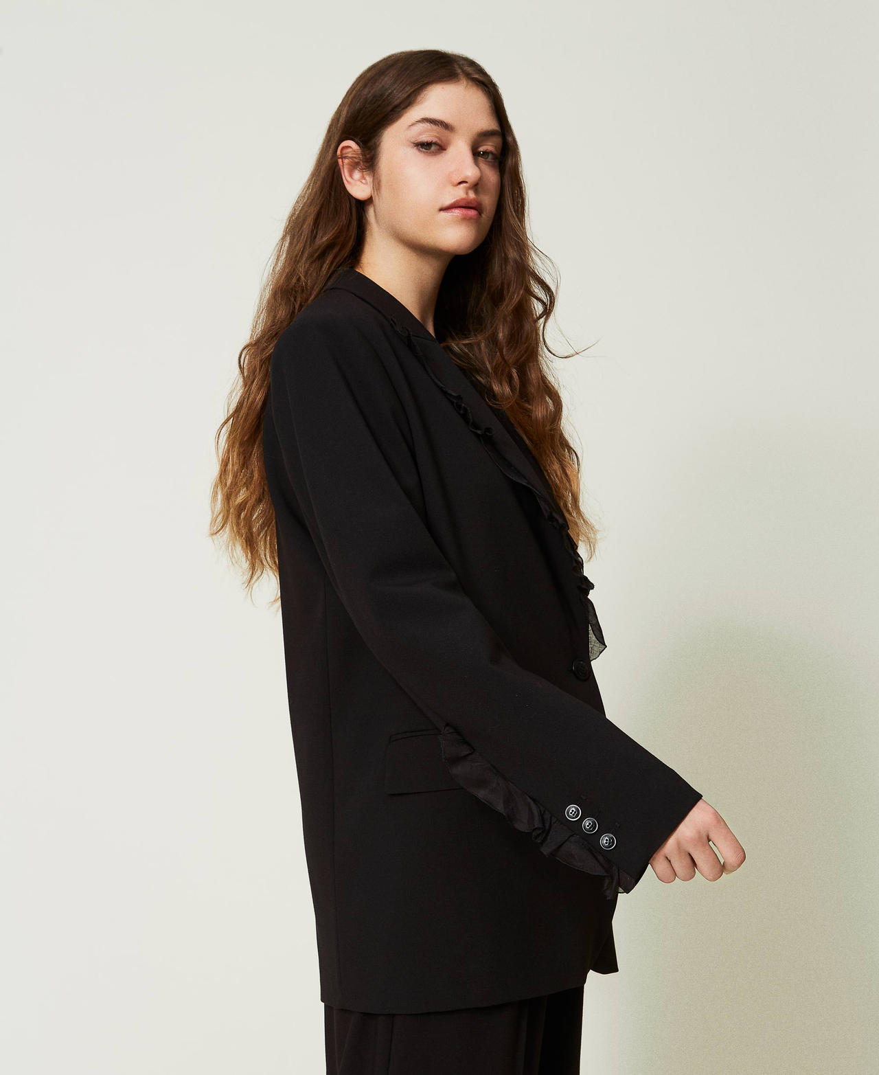 Wool blend blazer with ruffles