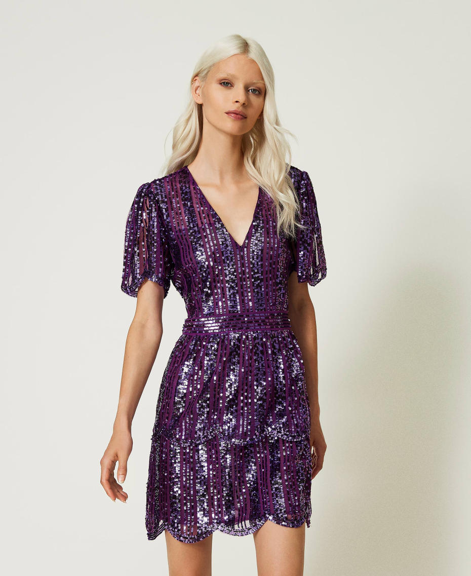 Short tulle dress with sequin embroidery Dark Lavender Woman 232TT2050-01