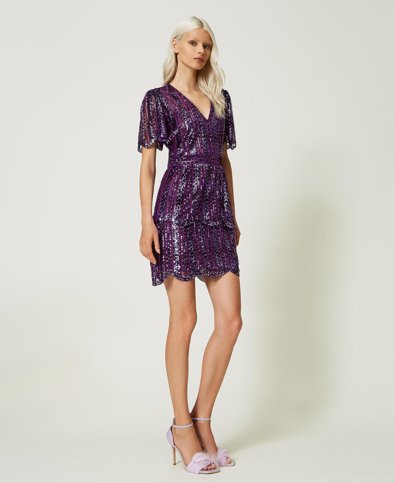 Short tulle dress with sequin embroidery Dark Lavender Woman 232TT2050-02