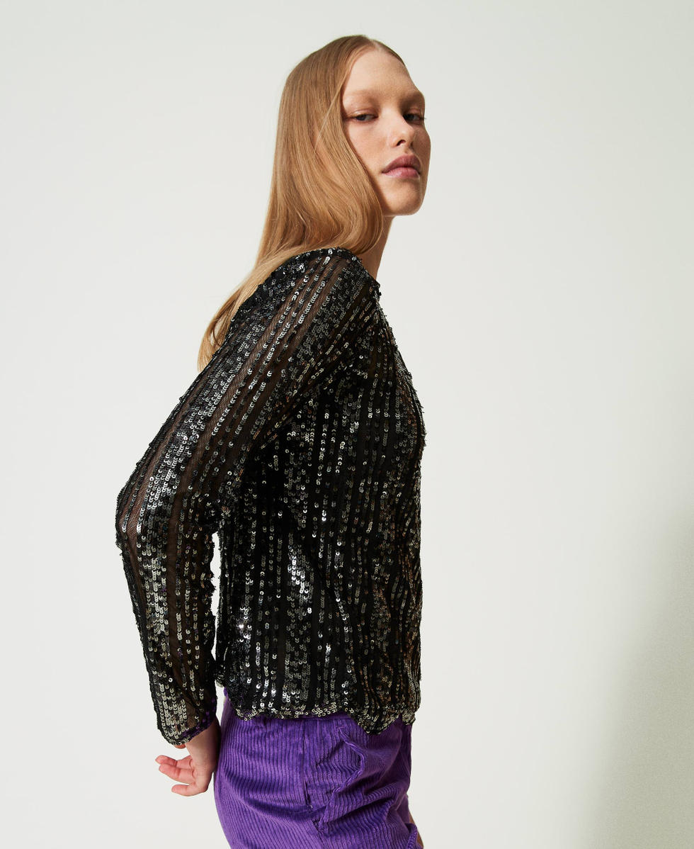 Tulle blouse with sequin embroidery Black Woman 232TT2053_00006_03