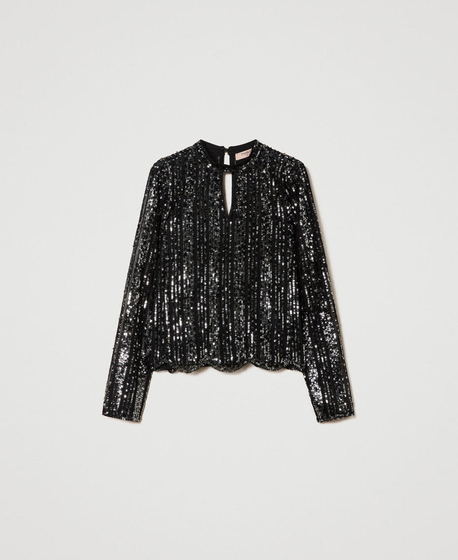 Tulle blouse with sequin embroidery Black Woman 232TT2053_00006_S0