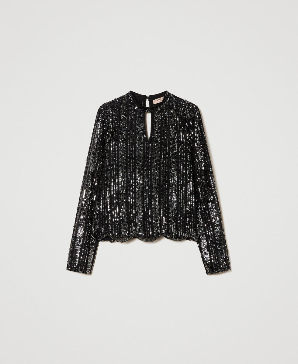 Tulle blouse with sequin embroidery Woman, Black | TWINSET Milano