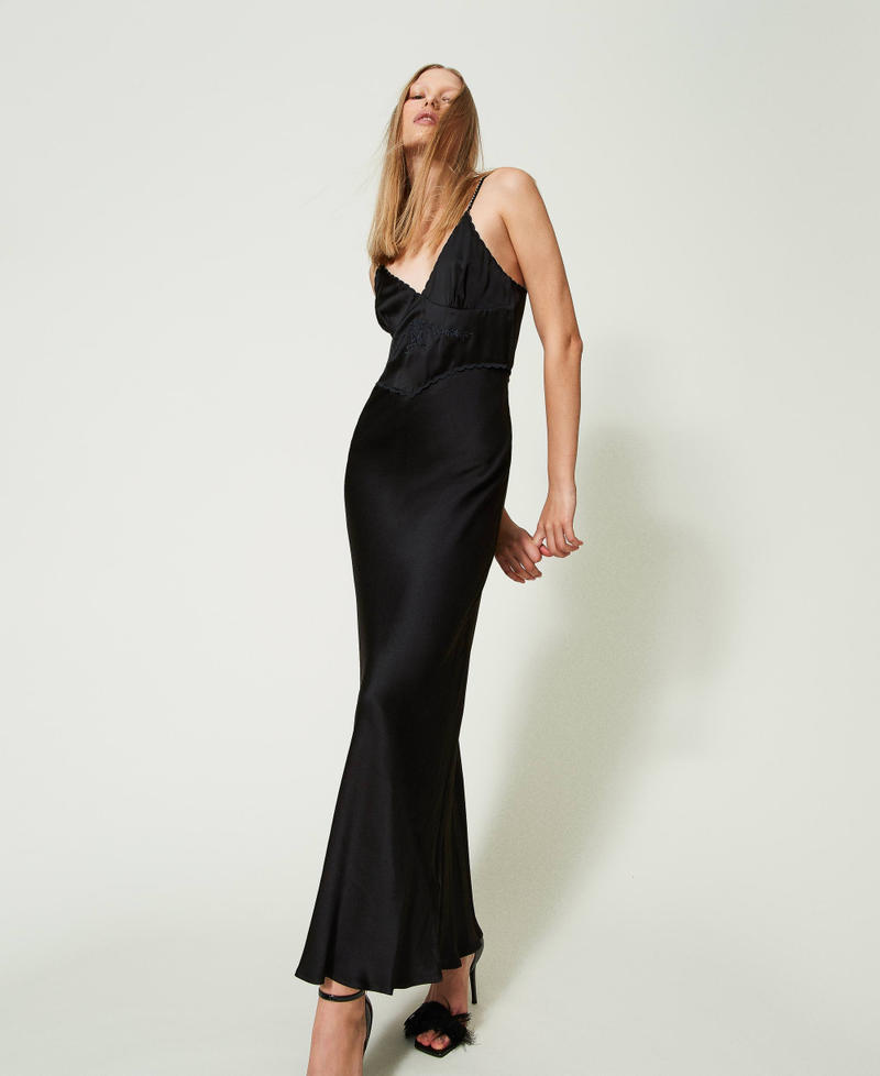 Long satin dress with embroidery Black Woman 232TT2060-01