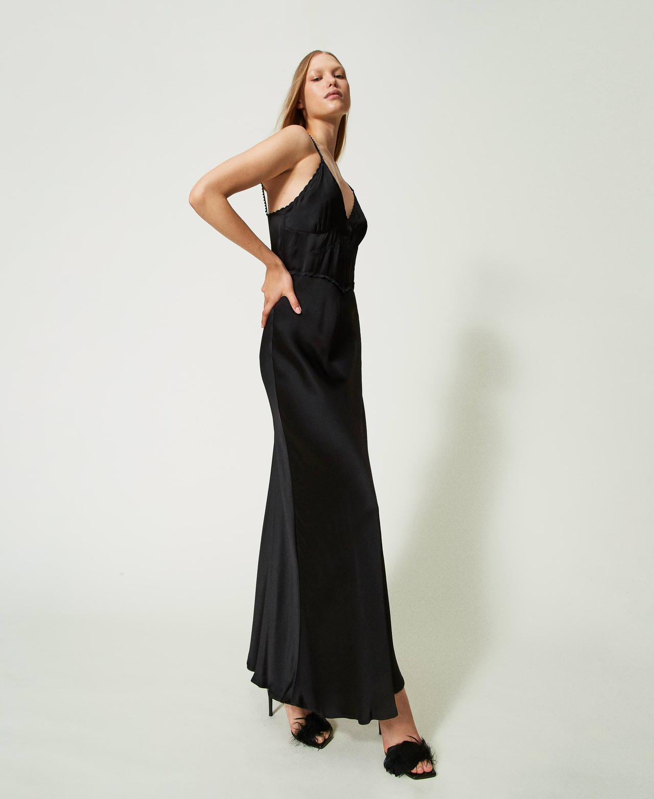 Long satin dress with embroidery Black Woman 232TT2060-02