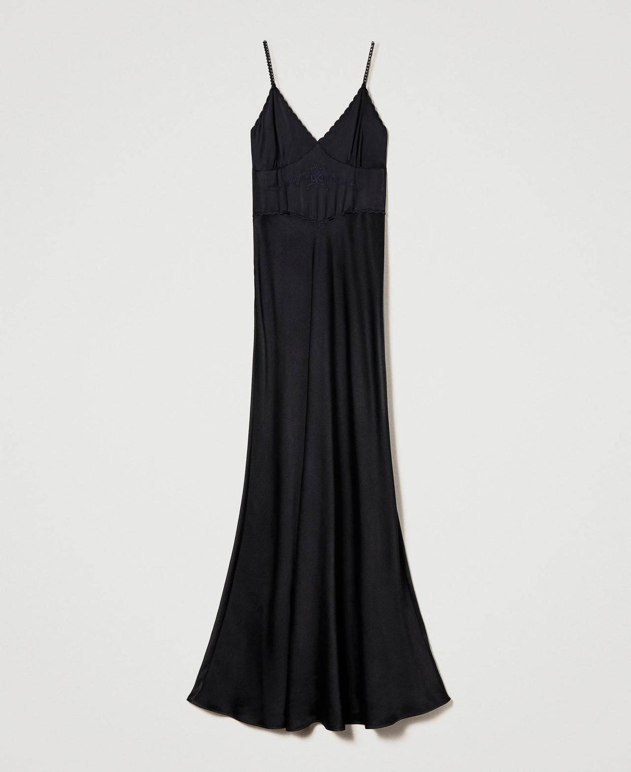 Long satin dress with embroidery