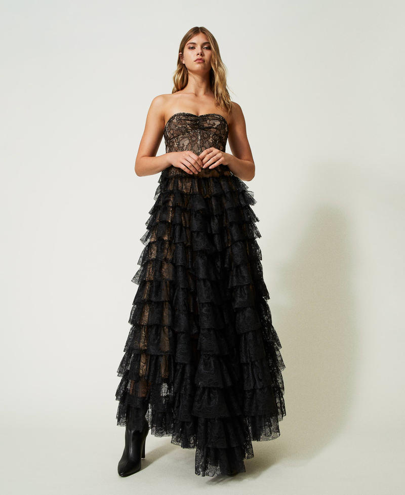Long Chantilly lace bustier dress Black Woman 232TT2070-01